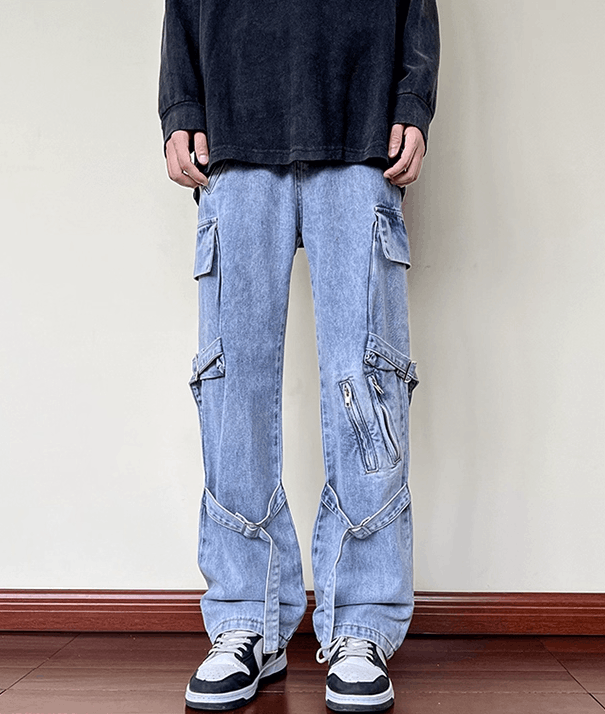 Jean Street trend men's straight zipper cargo lace-up jeans Size US 32 / EU 48 - 1 Thumbnail