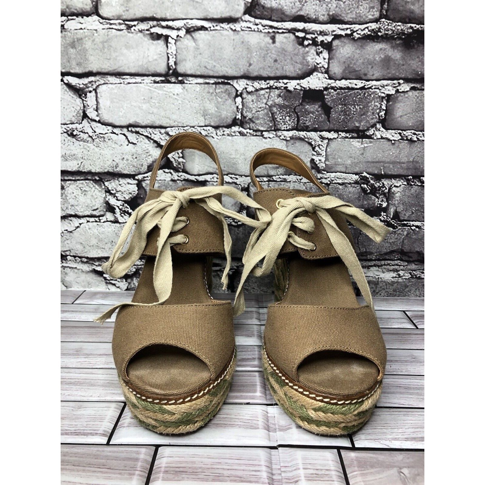 Tory Burch Tory Burch Taupe Canvas Textile Green Tan Espadrilles Wedge Size US 10 / IT 40 - 2 Thumbnail
