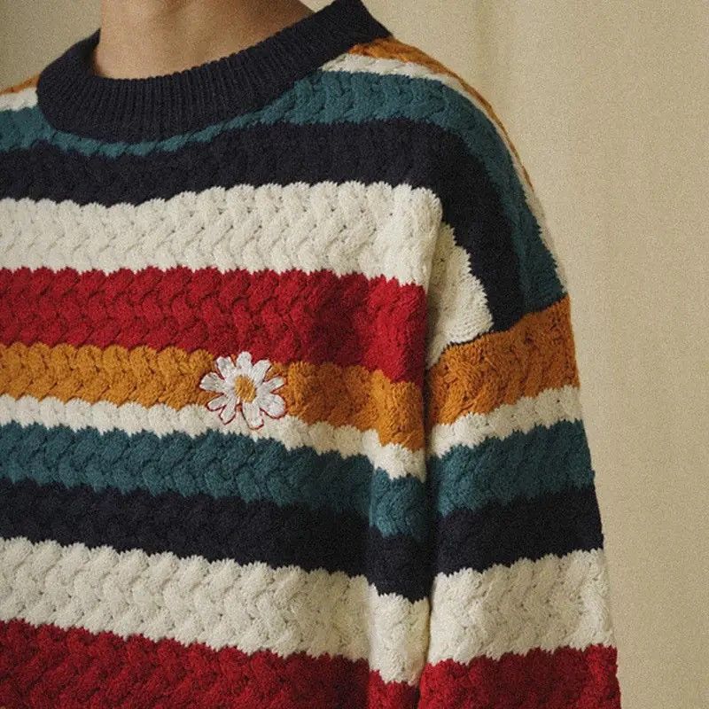 Coloured Vintage Rainbow Daisy Cable Knit Sweater Pullover