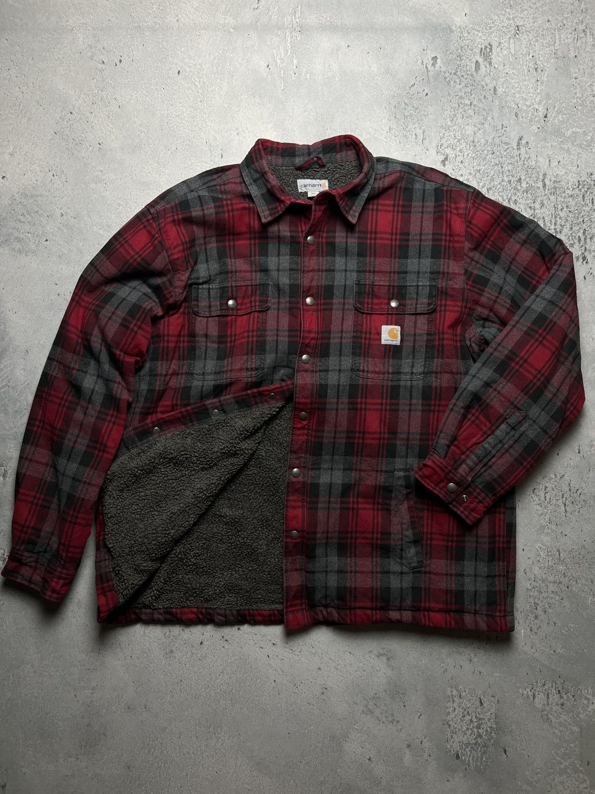 image of Carhartt Emea Hubbard Sherpa Lined Snap Button Fleece Jacket in Gray/Red, Men's (Size 2XL)