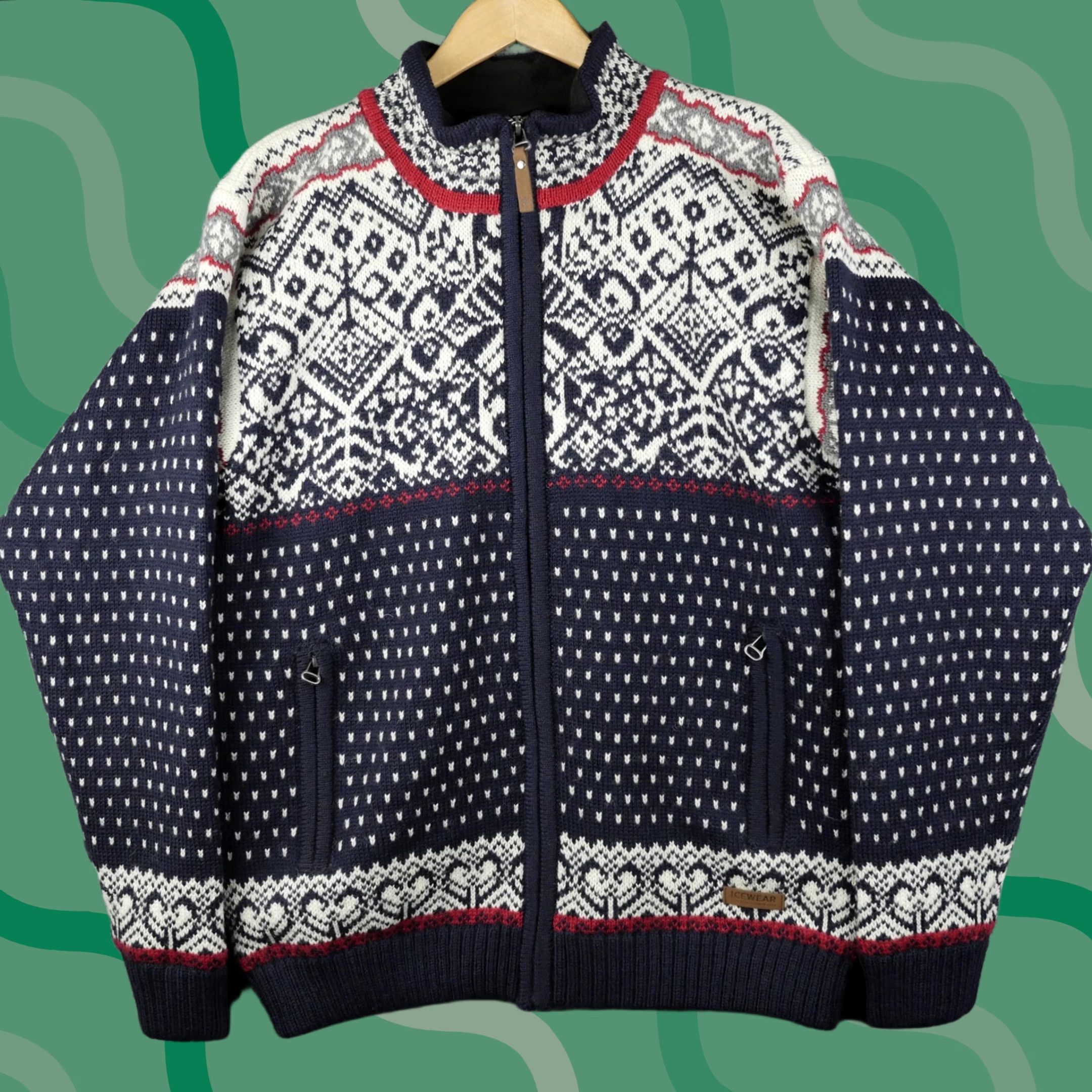 Vintage Icewear Mens Full Zip Ski Sweater Blue Fair Isle Wool Lined Mock Neck Pockets Winter Casual Size US M / EU 48-50 / 2 - 1 Thumbnail