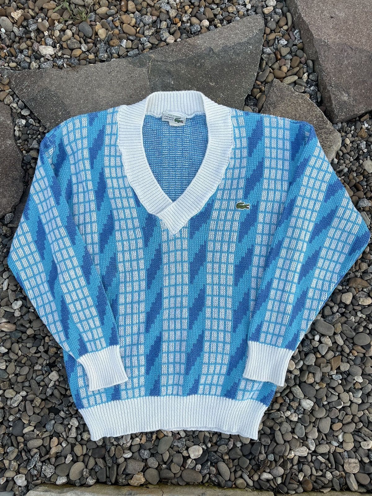 80’s Lacoste vintage v-neck coogi style knit sweater blue