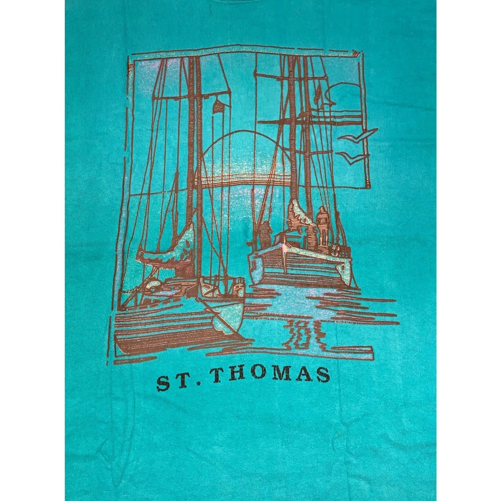 Fruit Of The Loom VINTAGE Fruit of the Loom T-Shirt Mens M Green Sail boats Sailing Single Stitch 9565 Size US M / EU 48-50 / 2 - 2 Thumbnail
