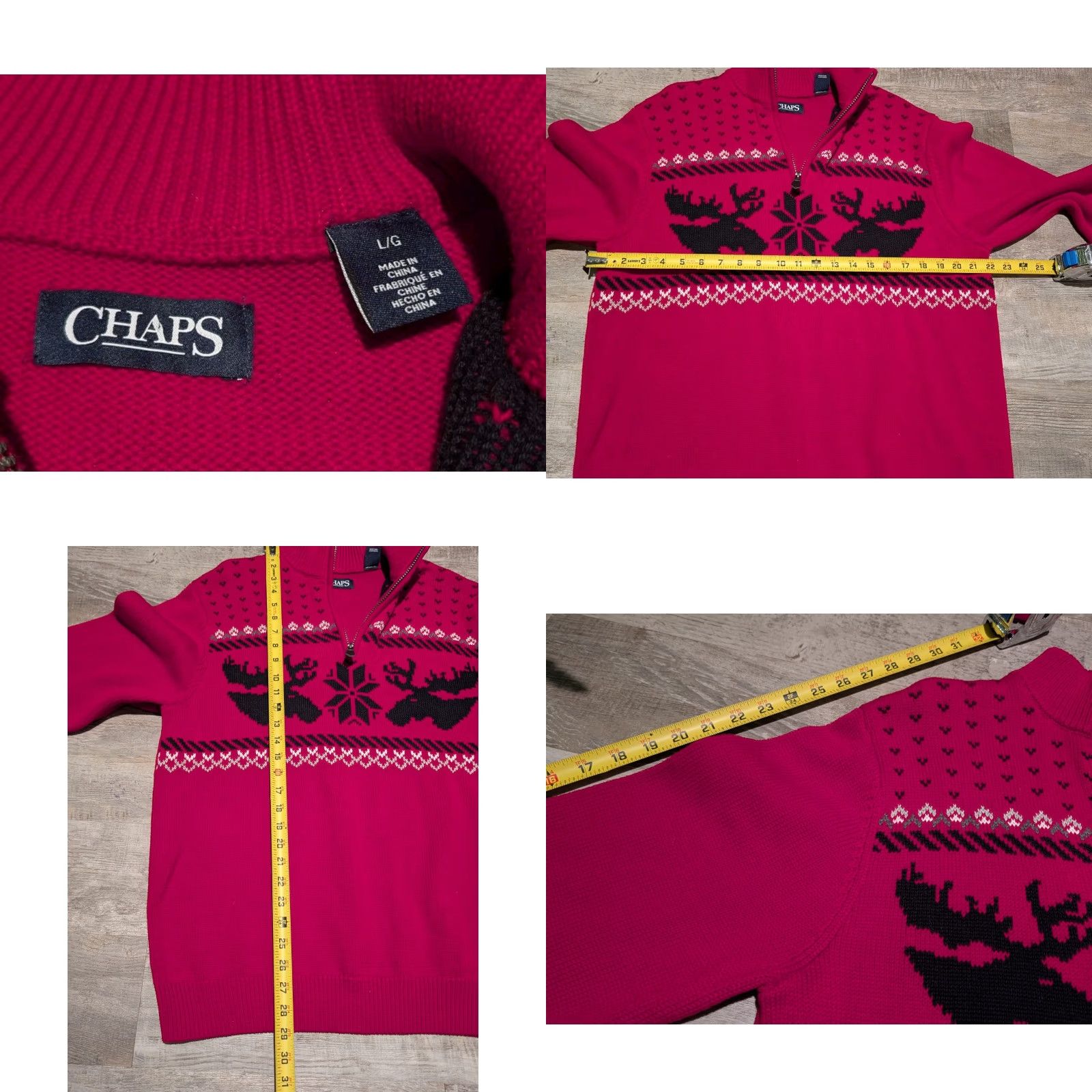 Chaps Chaps Sweater Mens L Red Moose Snowflake Fair Isle Christmas 100% Cotton Knit Pullover 1/4 Zip Mock Neck Size US L / EU 52-54 / 3 - 8 Thumbnail