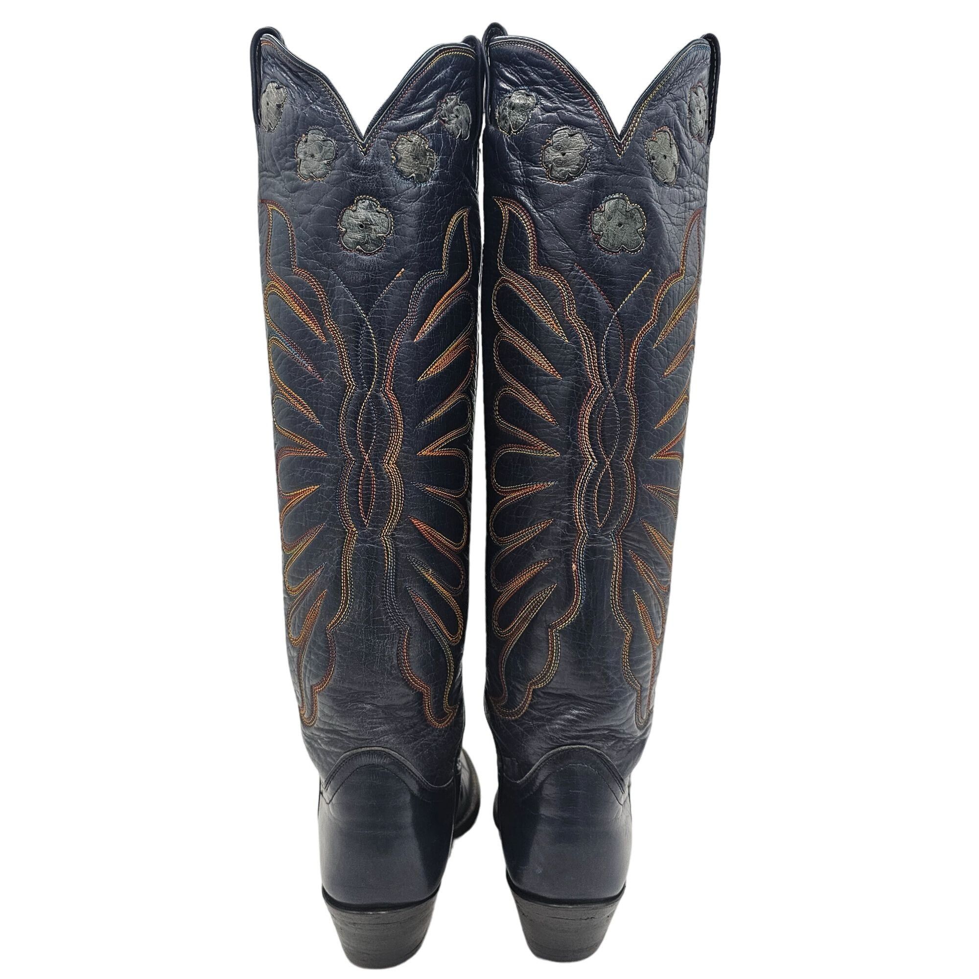 Other Vintage 1970s CUTTER BILL Cowgirl Boots 6B Navy Rainbow Leat Size US 6 / IT 36 - 3 Thumbnail