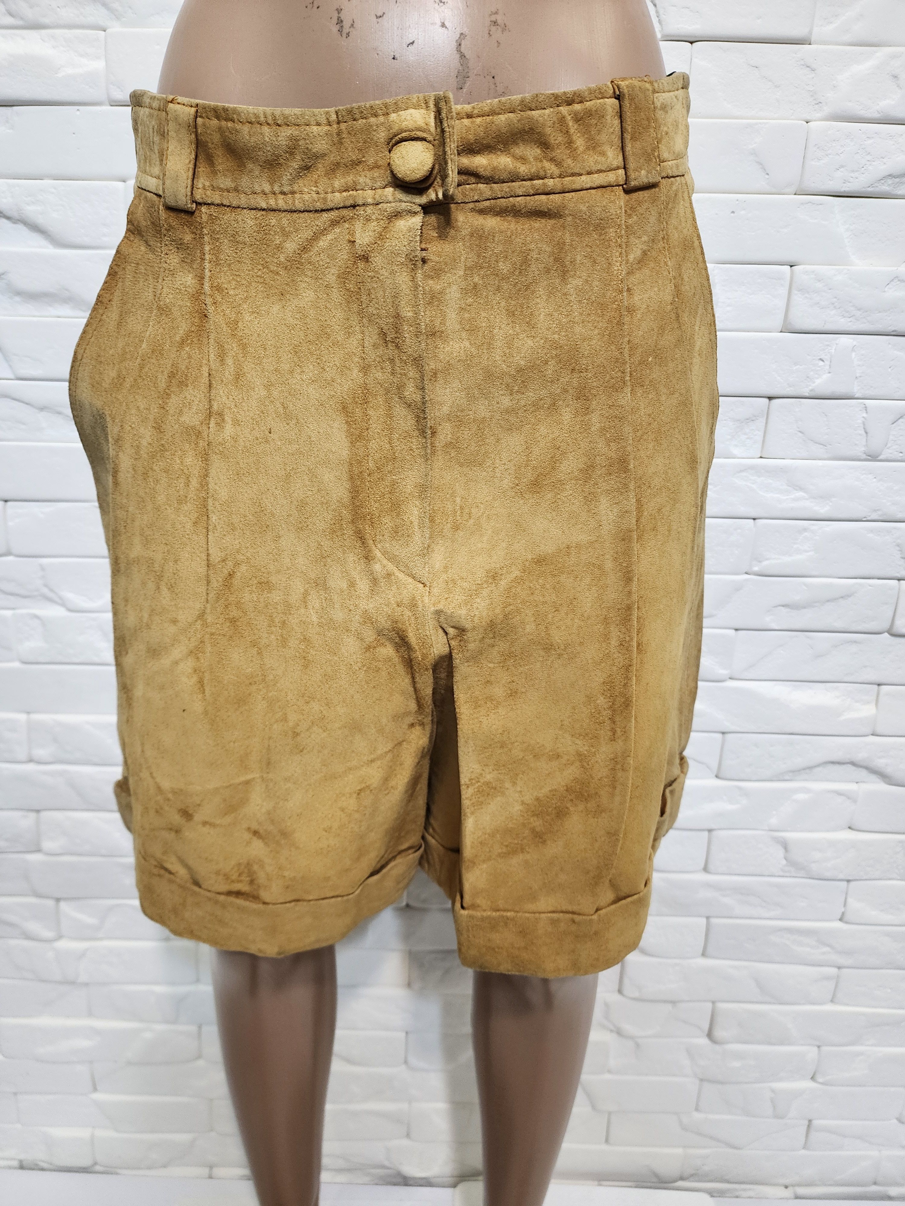 Genuine Leather Brown Leather Women's Shorts: Stylish Design with Pockets Size 31" - 1 Thumbnail