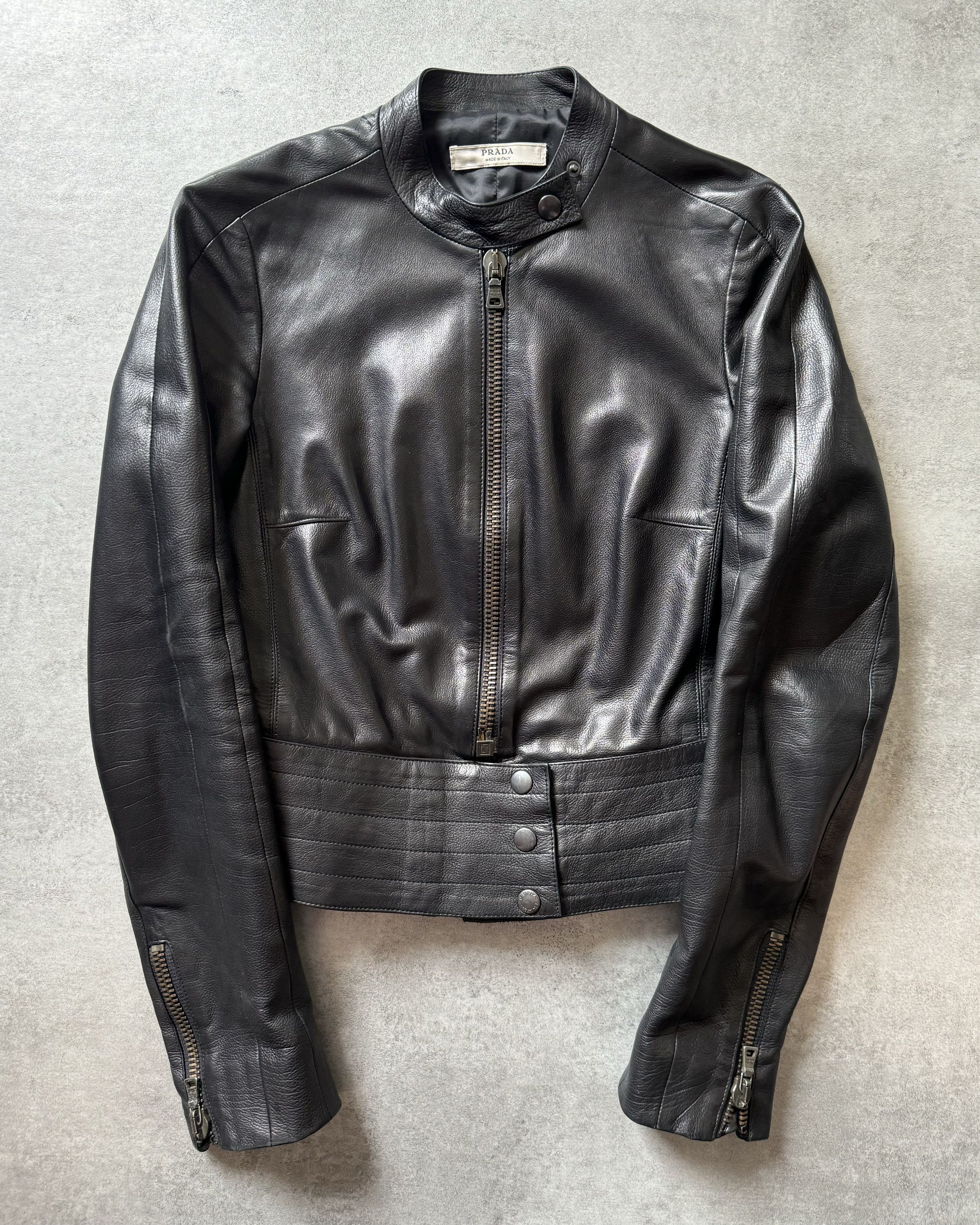 image of Archival Clothing x Prada Premium Black Biker Leather Jacket, Women's (Size Small)