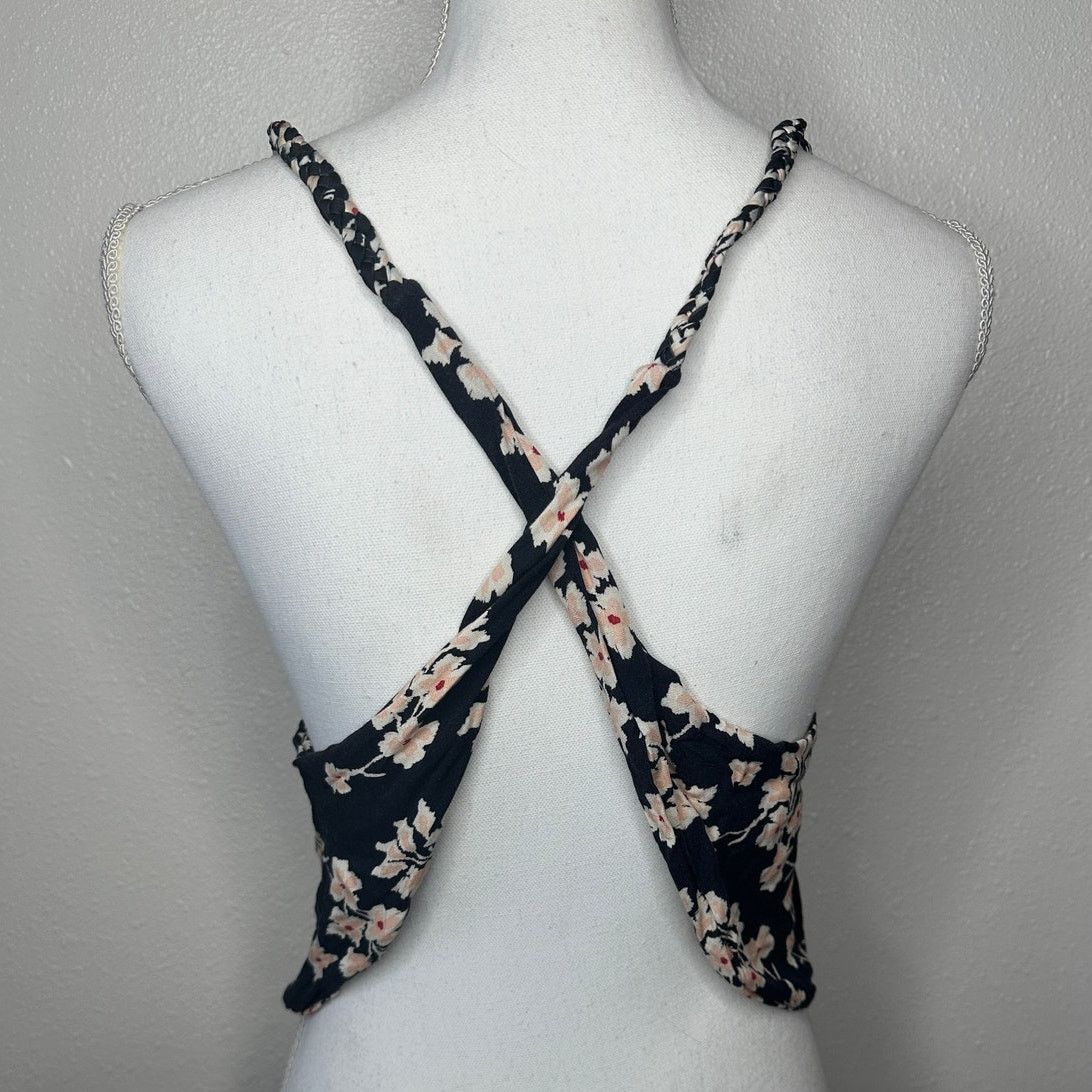 Other Boho Floral Braided Twist Back Tank Top Black Peach Linen Size XS / US 0-2 / IT 36-38 - 8 Thumbnail