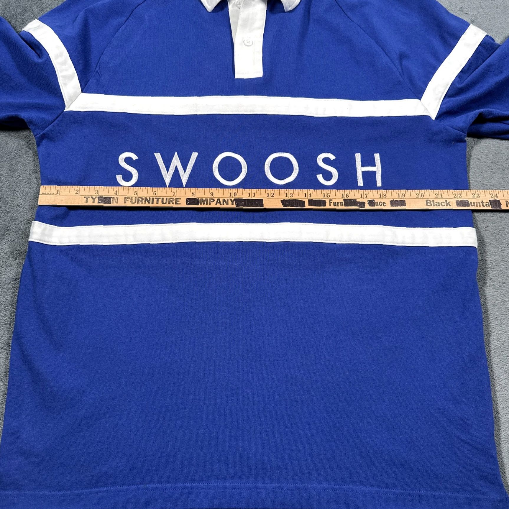 VINTAGE Nike Rugby Shirt Men XL Long Sleeve Blue White Swoosh Logo Striped  Sports Collared