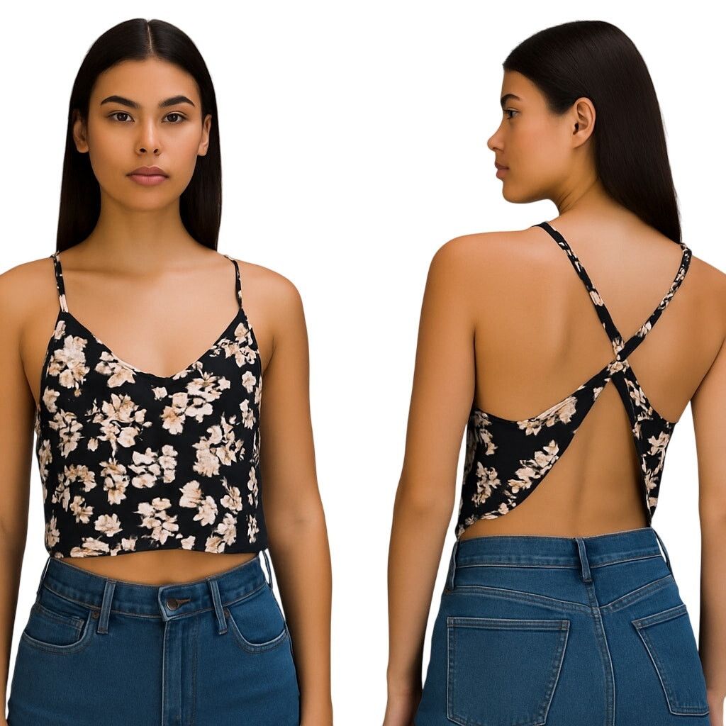 Other Boho Floral Braided Twist Back Tank Top Black Peach Linen Size XS / US 0-2 / IT 36-38 - 5 Thumbnail