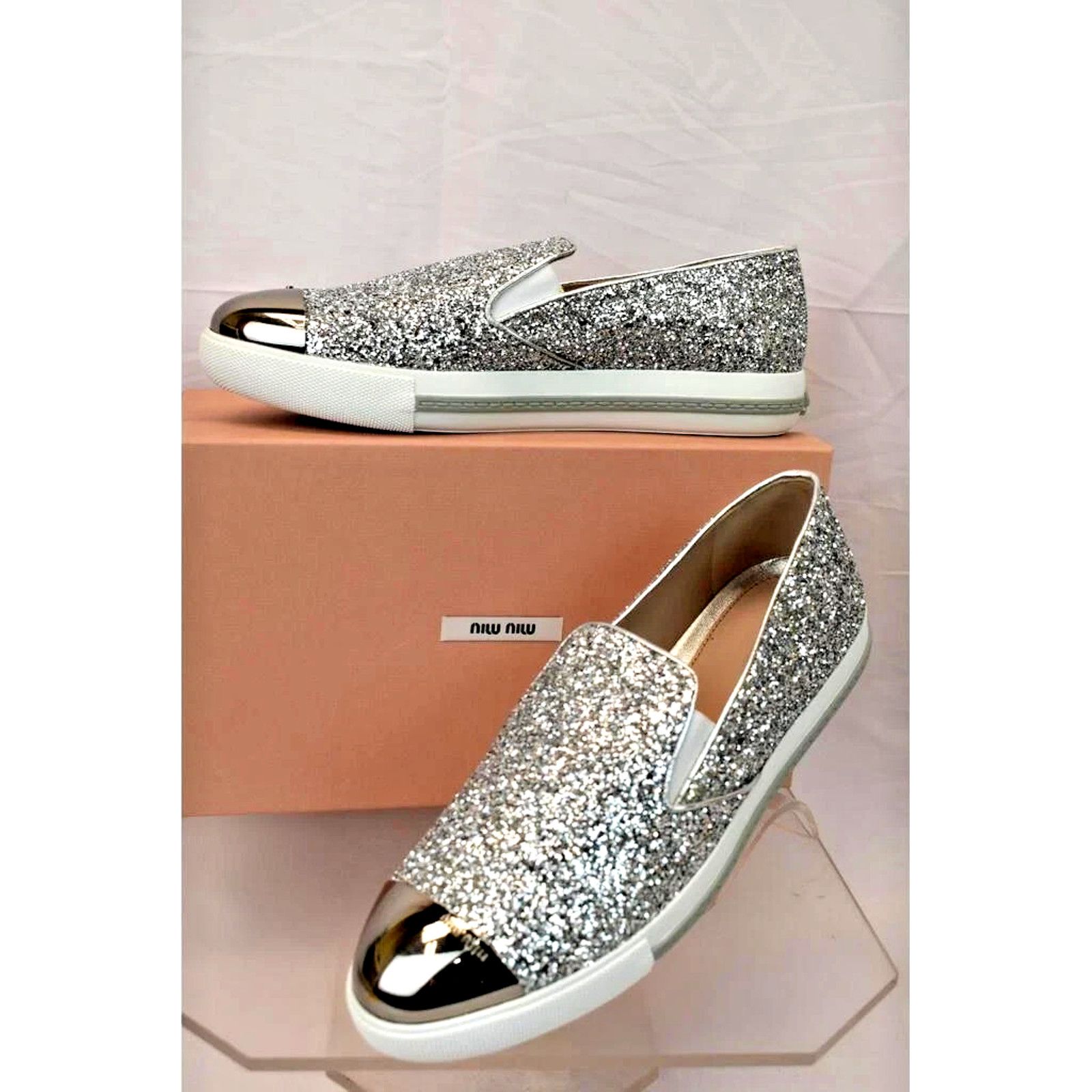 Miu Miu MIU MIU PRADA SILVER GLITTER METAL CAP TOE LOGO SNEAKERS 41 Size US 11 / IT 41 - 1 Thumbnail