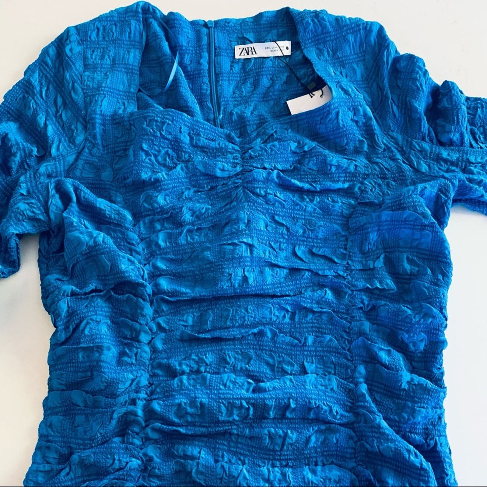 Zara Zara Bright Blue Ruched Bodycon Midi Dress Bloggers Size L / US 10 / IT 46 - 6 Thumbnail