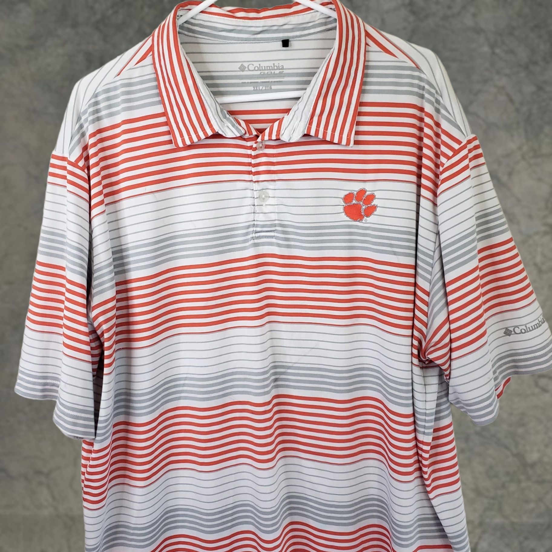 Vintage Columbia Polo Shirt Mens Short Sleeve Golf Light Gray Stripe Clemson Tigers Logo (XL) Size US XL / EU 56 / 4 - 1 Thumbnail