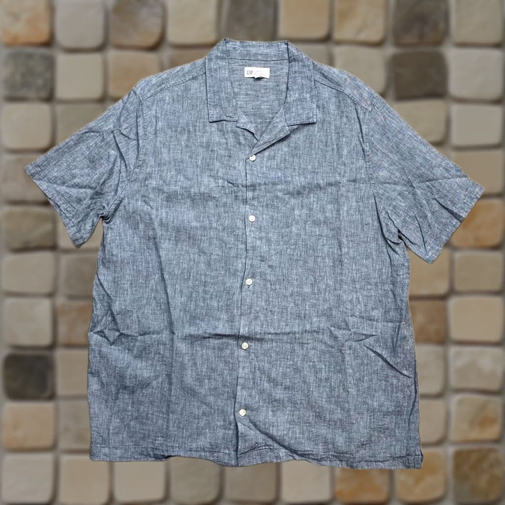 Gap Gap Linen Shirt XL Blue Short Sleeve Button Up Camp Collar Old Money Men Size US XL / EU 56 / 4 - 1 Thumbnail