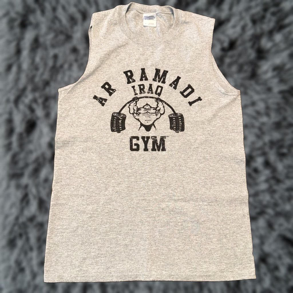 Gildan VINTAGE Ar Ramadi Iraq Gym Sleeveless Shirt Size S Military Work Out Mens T-Shirt Gray COTTON/POLYESTER Graphic Print Fire 26" long 17.75" wide Size US S / EU 44-46 / 1 - 1 Thumbnail