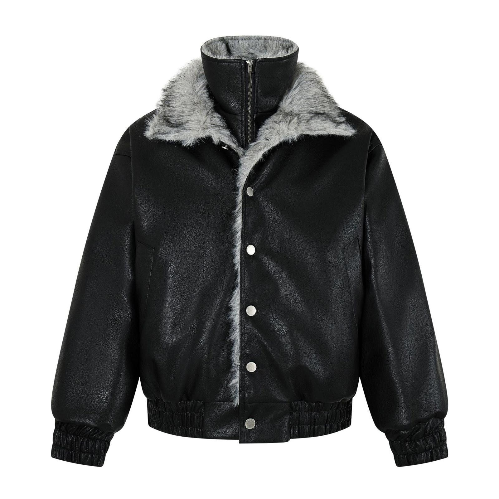 Japanese Brand Black Faux Leather Bomber Jacket with Grey Faux Fur Collar Size US M / EU 48-50 / 2 - 6 Thumbnail