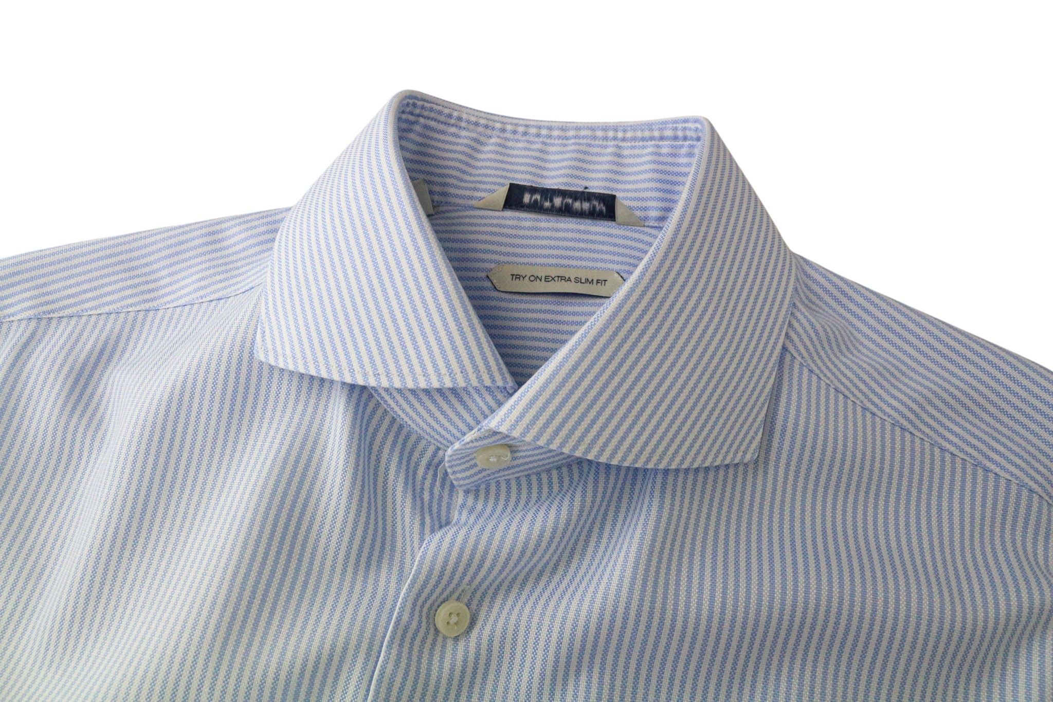 Suitsupply 40/15 3/4 Extra Slim Blue Cotton Stripe Shirt 79184 Size 40R - 9 Thumbnail