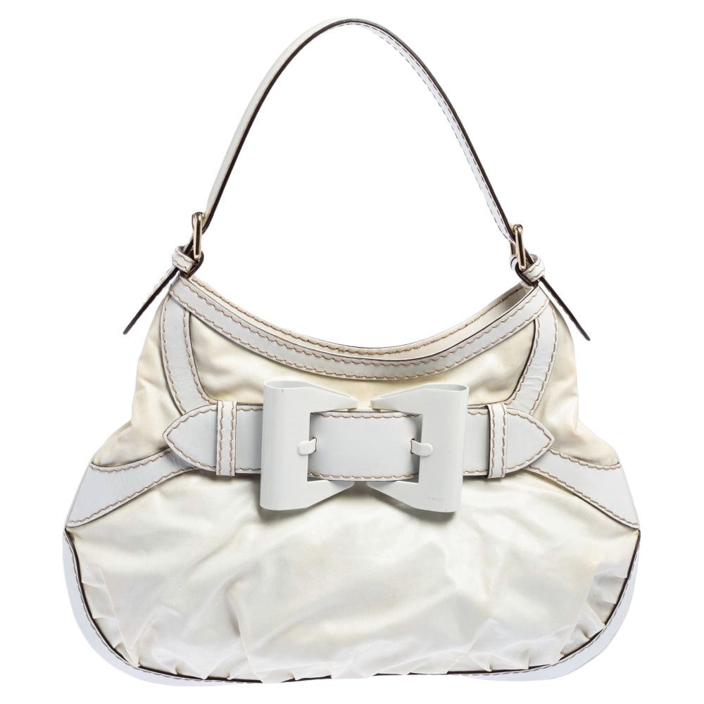 image of Gucci White Coated Canvas And Leather Medium Queen Hobo in Black, Women's