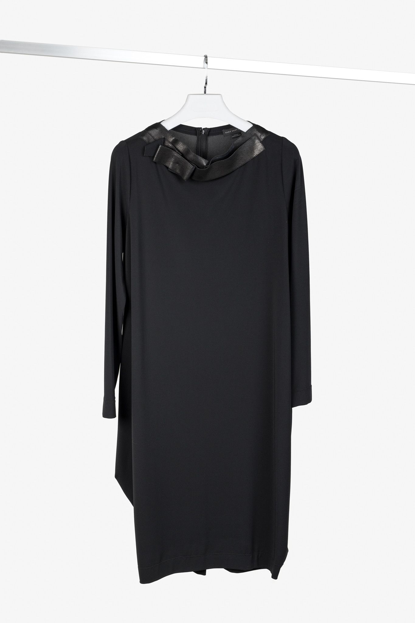 Marie Saint Pierre Marie Saint Pierre Black Crepe Leather-Bow Long-Sleeve Dress Size L / US 10 / IT 46 - 1 Thumbnail