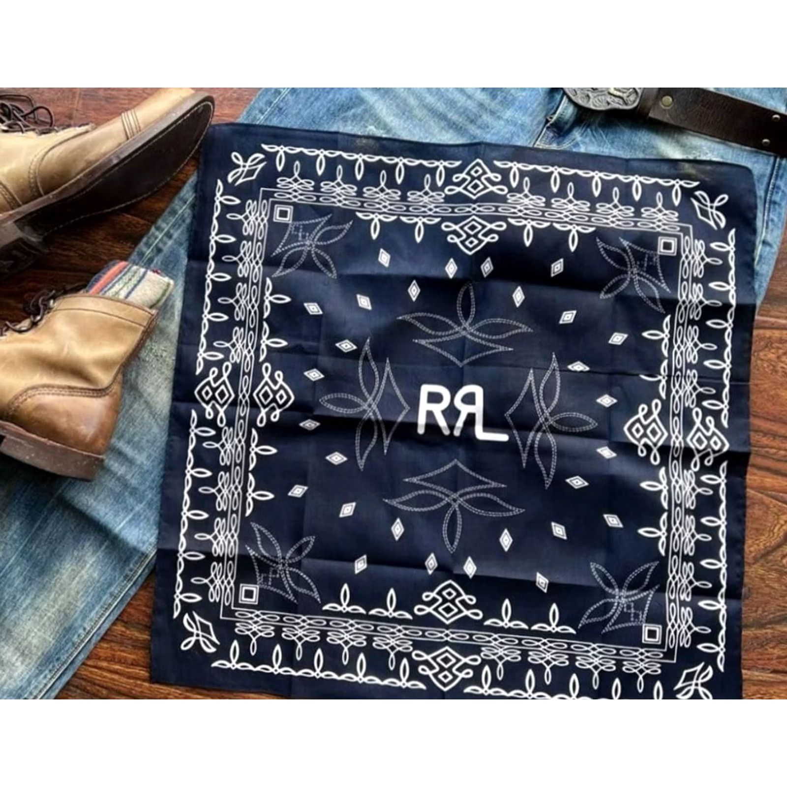 Ralph Lauren RRL Ralph Lauren Bandana Handkerchief Blue Cotton Unisex 55×55cm 90s Logo Shirt? Size ONE SIZE - 2 Thumbnail