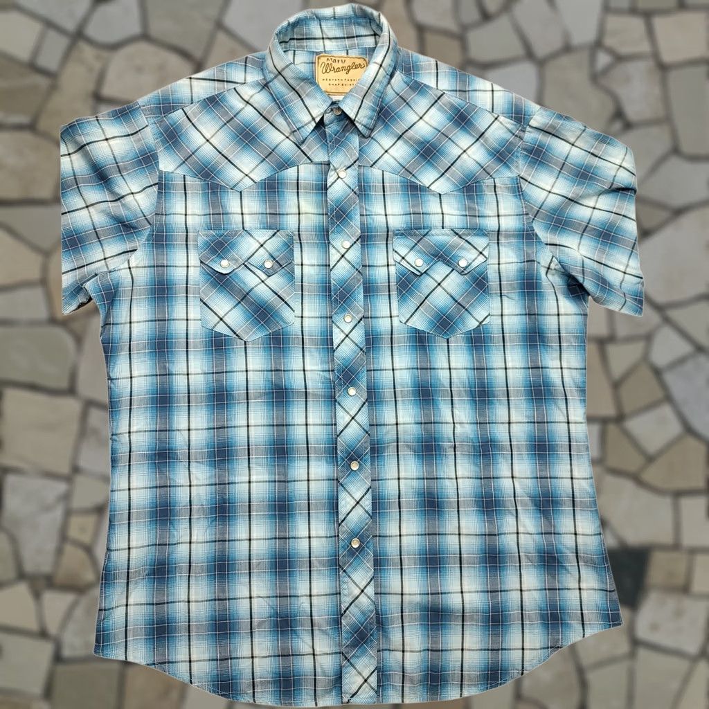 Wrangler Wrangler Shirt Mens XL Blue Plaid Pearl Snap Sawtooth Western Rodeo Cowboy Retro Button-Up Long Sleeve Size US XL / EU 56 / 4 - 1 Thumbnail