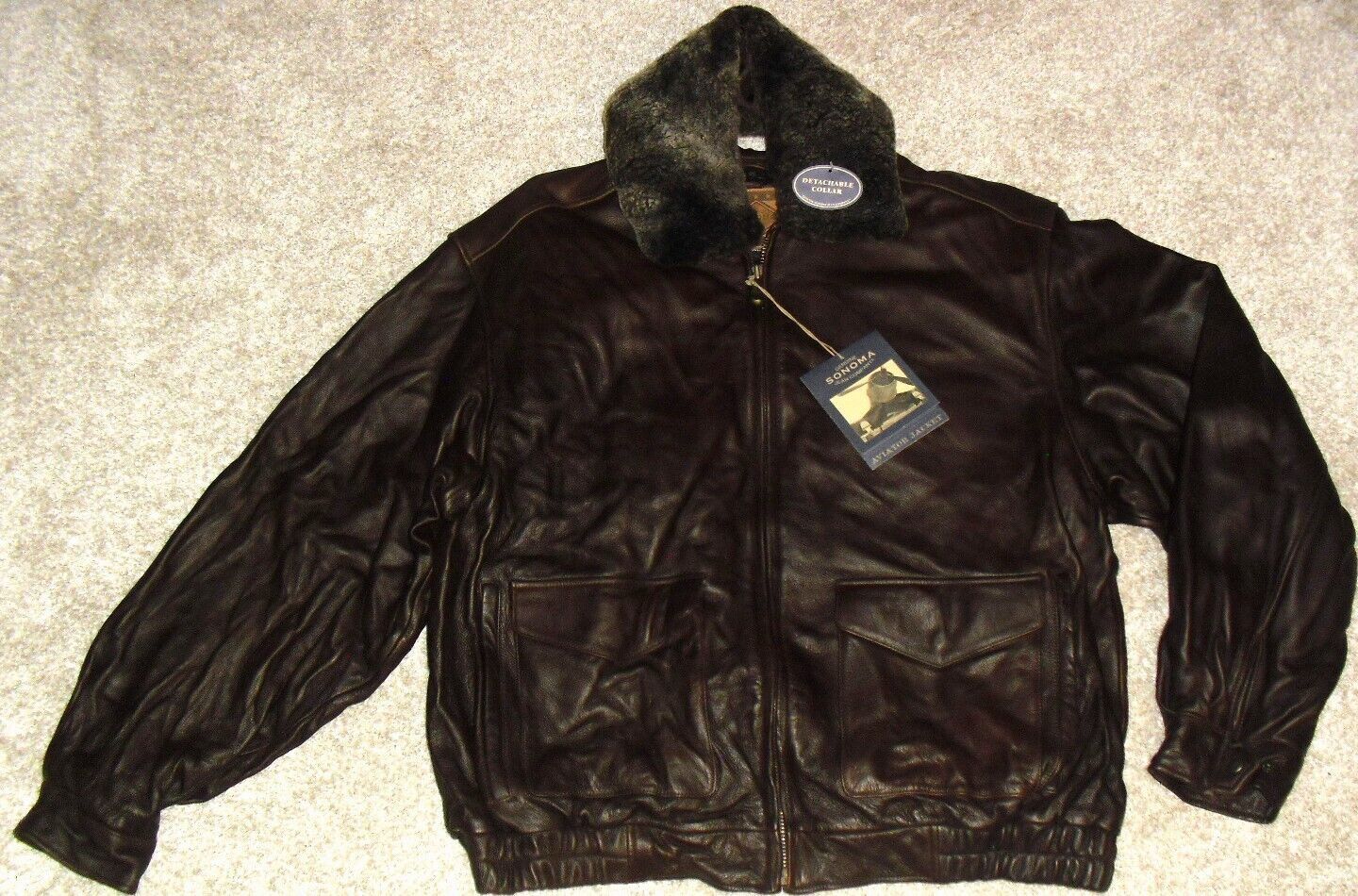 image of Sonoma $300 Mens Brown Leather Bomber Zip Jacket Sz. XL New