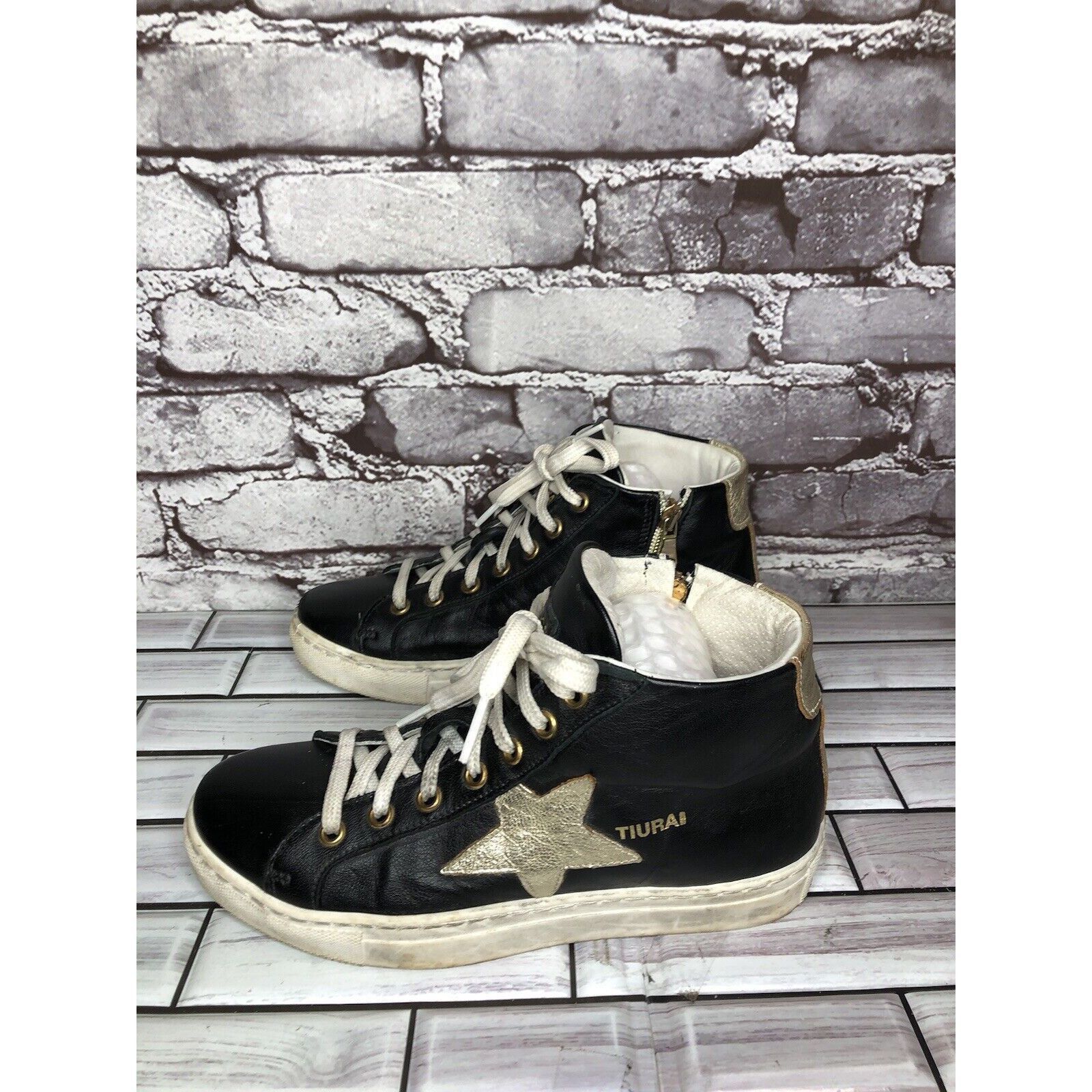 Other Tiurai Logo Black Leather High Top Lace Up Sneakers Shoes Wo Size US 6 / IT 36 - 17 Thumbnail