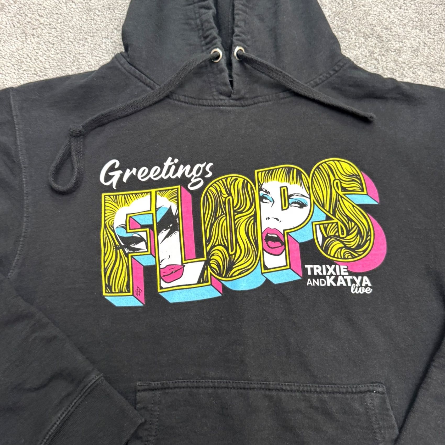 Vintage Trixie & Katya Live Greetings Flops Tour Merch Pullover Hoodie Sweatshirt Small Unisex Adults Black Cotton Polyester Hoodie Size US S / EU 44-46 / 1 - 3 Thumbnail