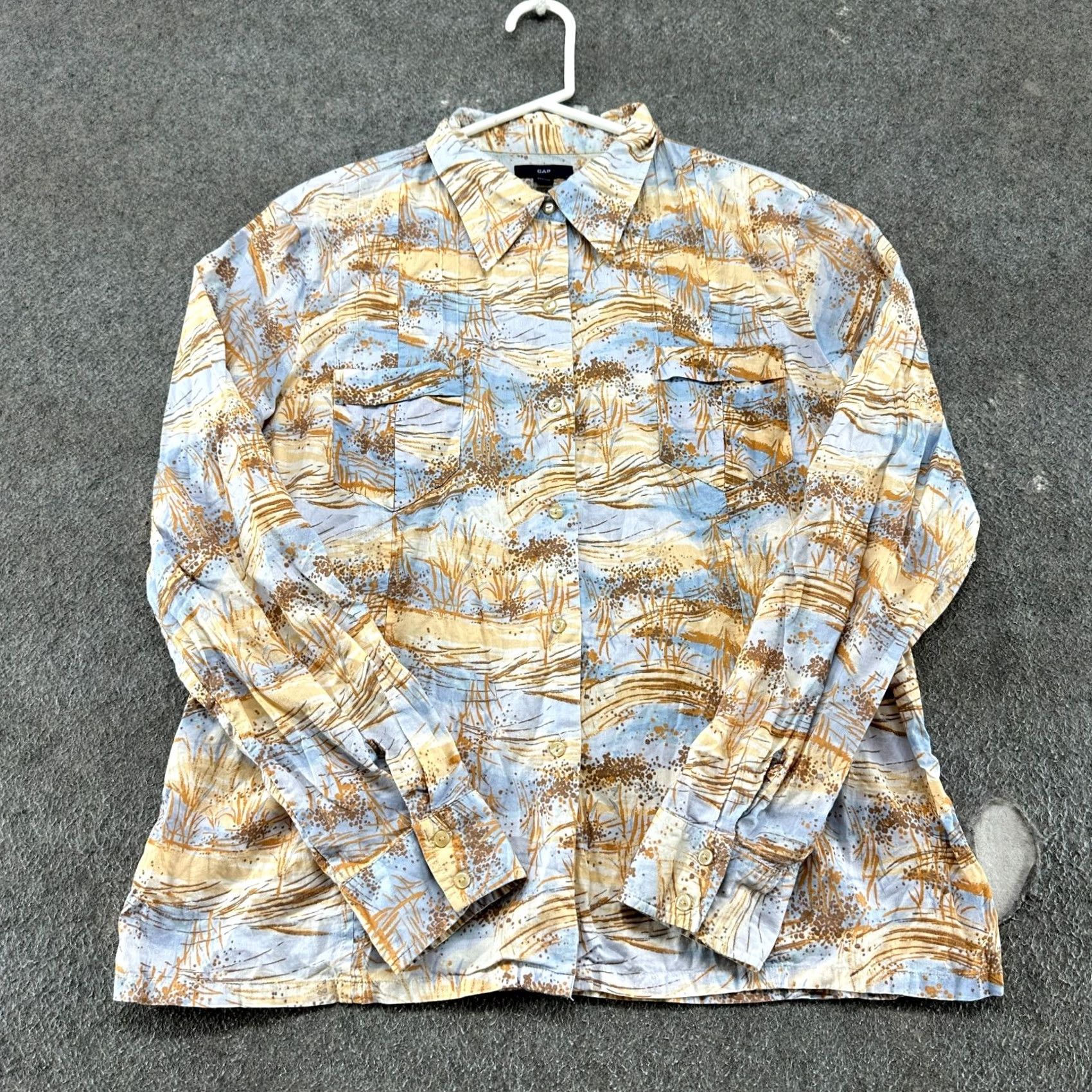 Gap VINTAGE Gap Shirt Womens XL Beige Blue Denim Button Up Long Sleeve Hawaiian Camp Size XL / US 12-14 / IT 48-50 - 2 Thumbnail