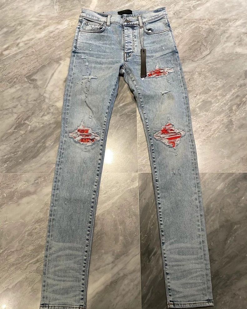 Amiri Amiri Washed Blue and Orange Camo Flower Leather and Patch Size US 31 - 1 Thumbnail