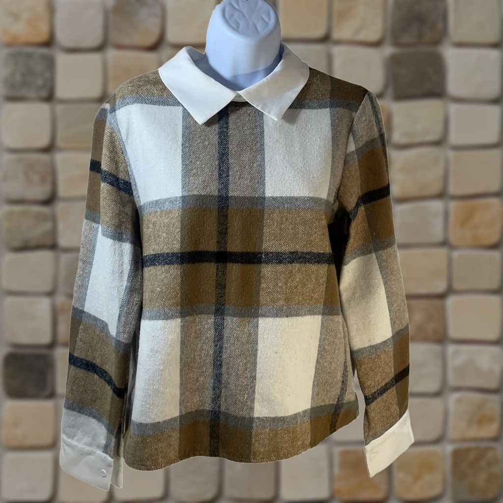 Shein SHEIN Blouse Shirt Women S Casual Plaid Tan Brown Keyhole Back Collar Button Long Sleeve Size S / US 4 / IT 40 - 1 Thumbnail