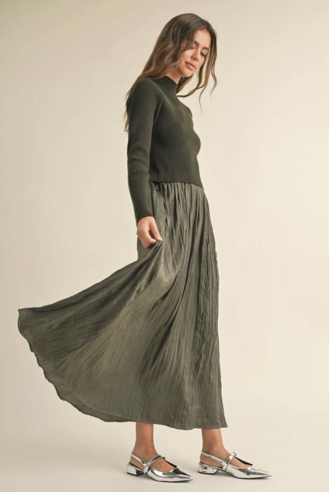 Other Miou Muse Green Sweater Combo Woven Maxi Dress, Medium Size M / US 6-8 / IT 42-44 - 2 Thumbnail