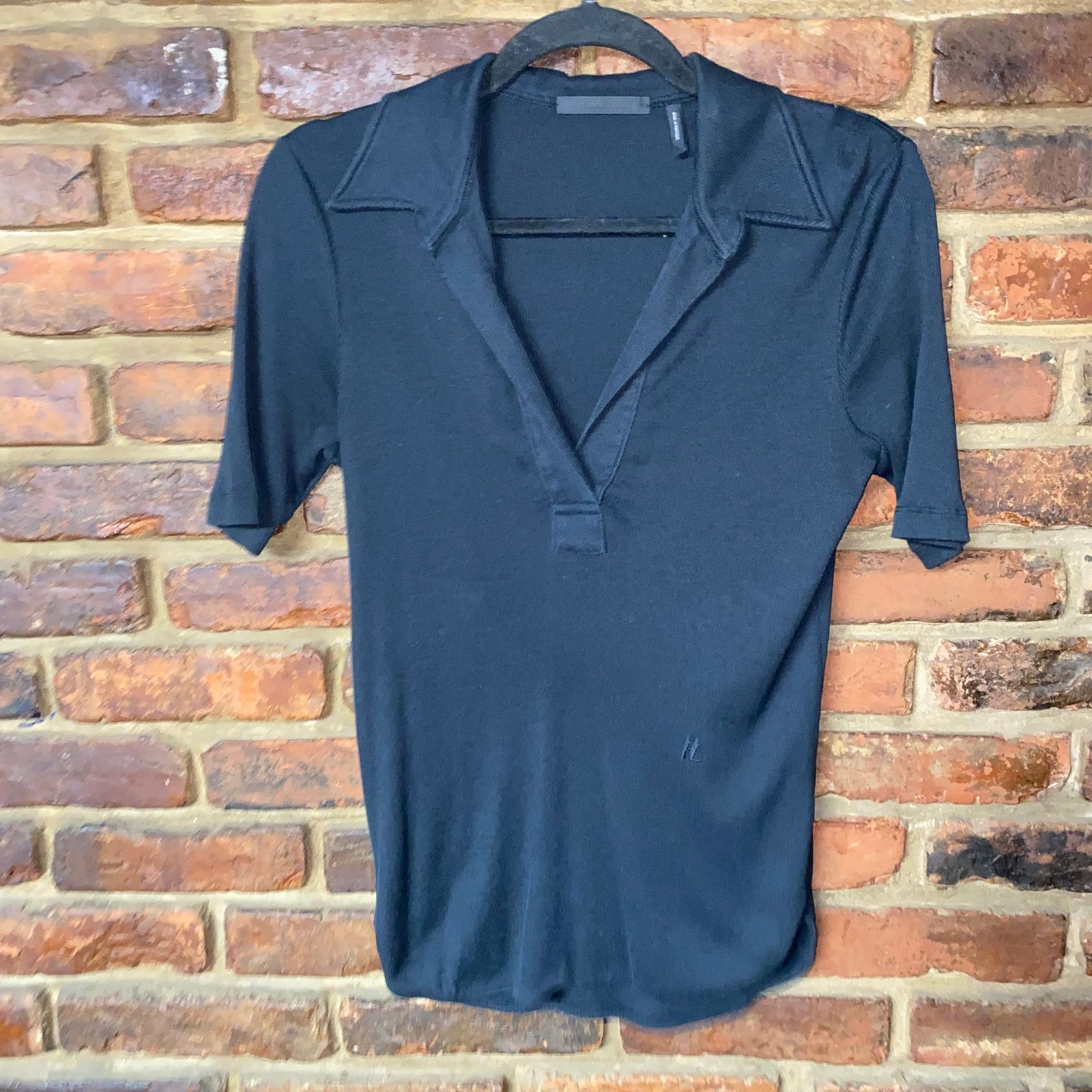 Helmut Lang Helmut Lang Black Ribbed Knit Short Sleeve Polo Top Small Size S / US 4 / IT 40 - 2 Thumbnail