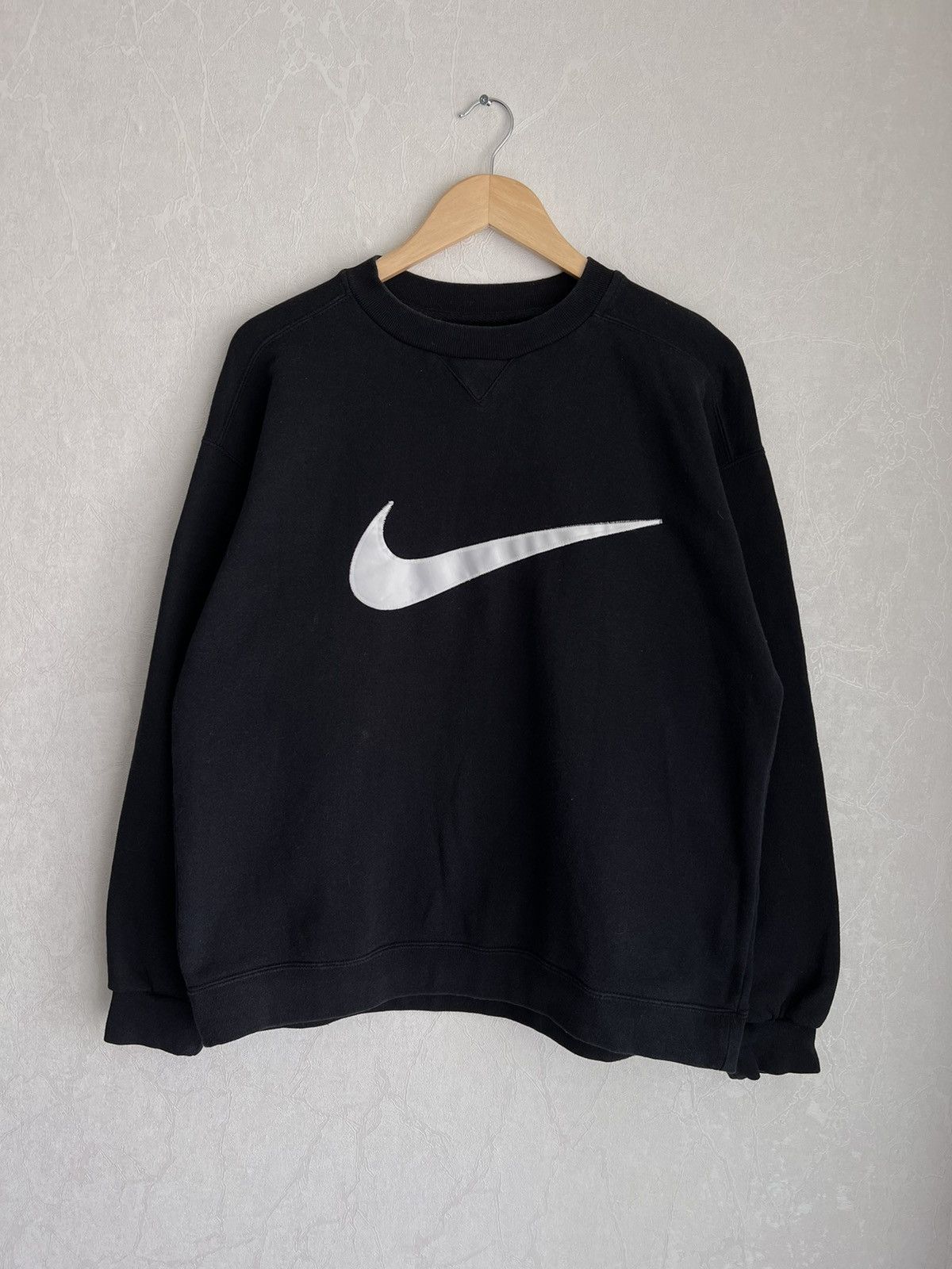 image of Nike Vintage Crewneck Big Swoosh Sweatshirt in Black, Men's (Size Medium)