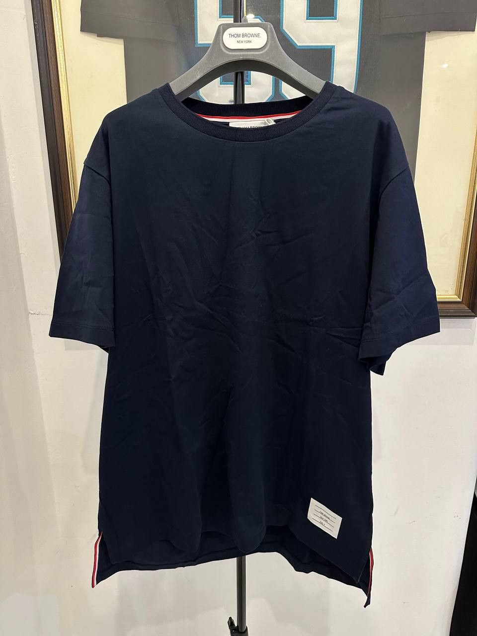 image of Thom Browne Short Sleeve T-Shirt in Navy, Men's (Size XL)