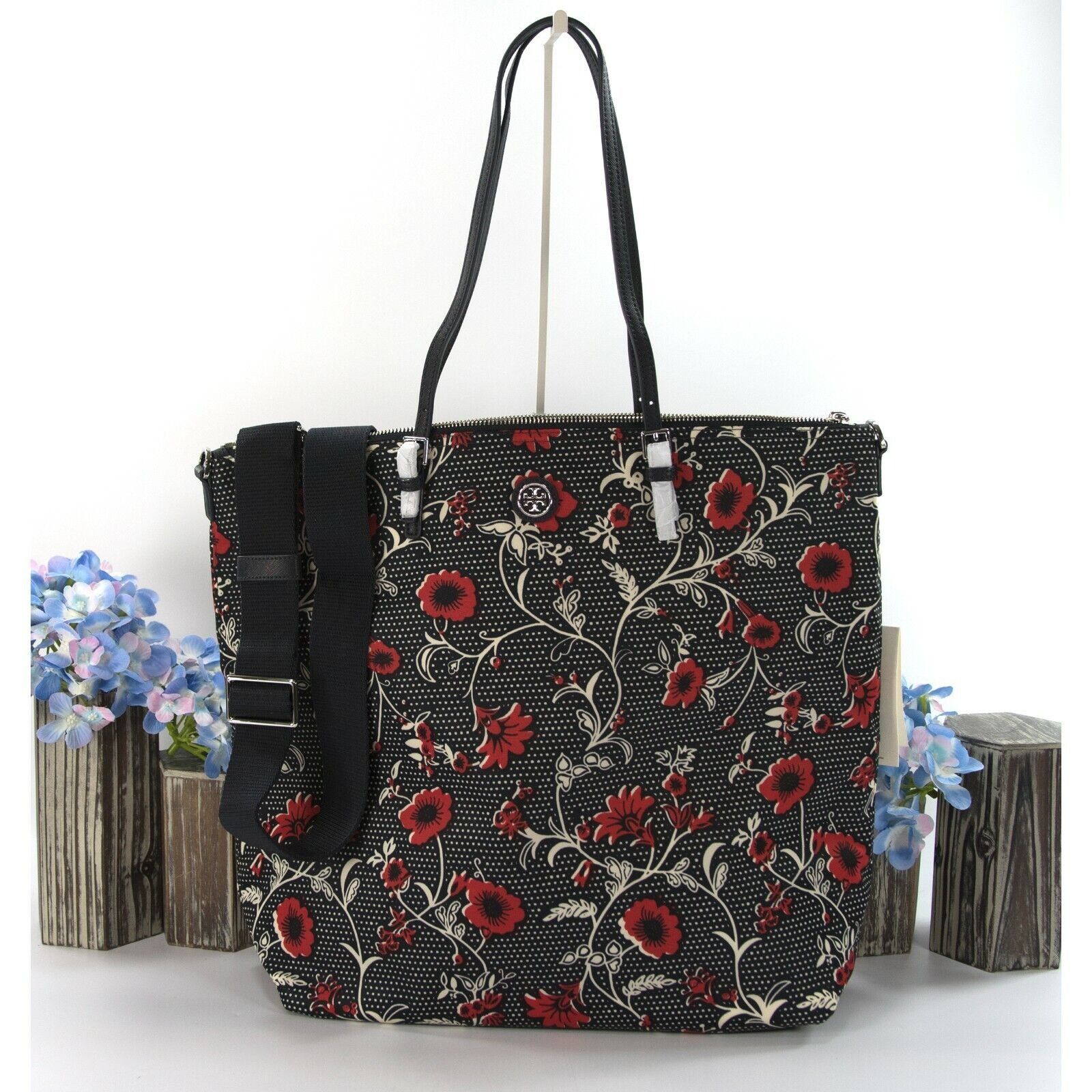 Tory Burch Tory Burch Virginia Red Retro Floral Block Print Nylon Tote Size ONE SIZE - 1 Thumbnail