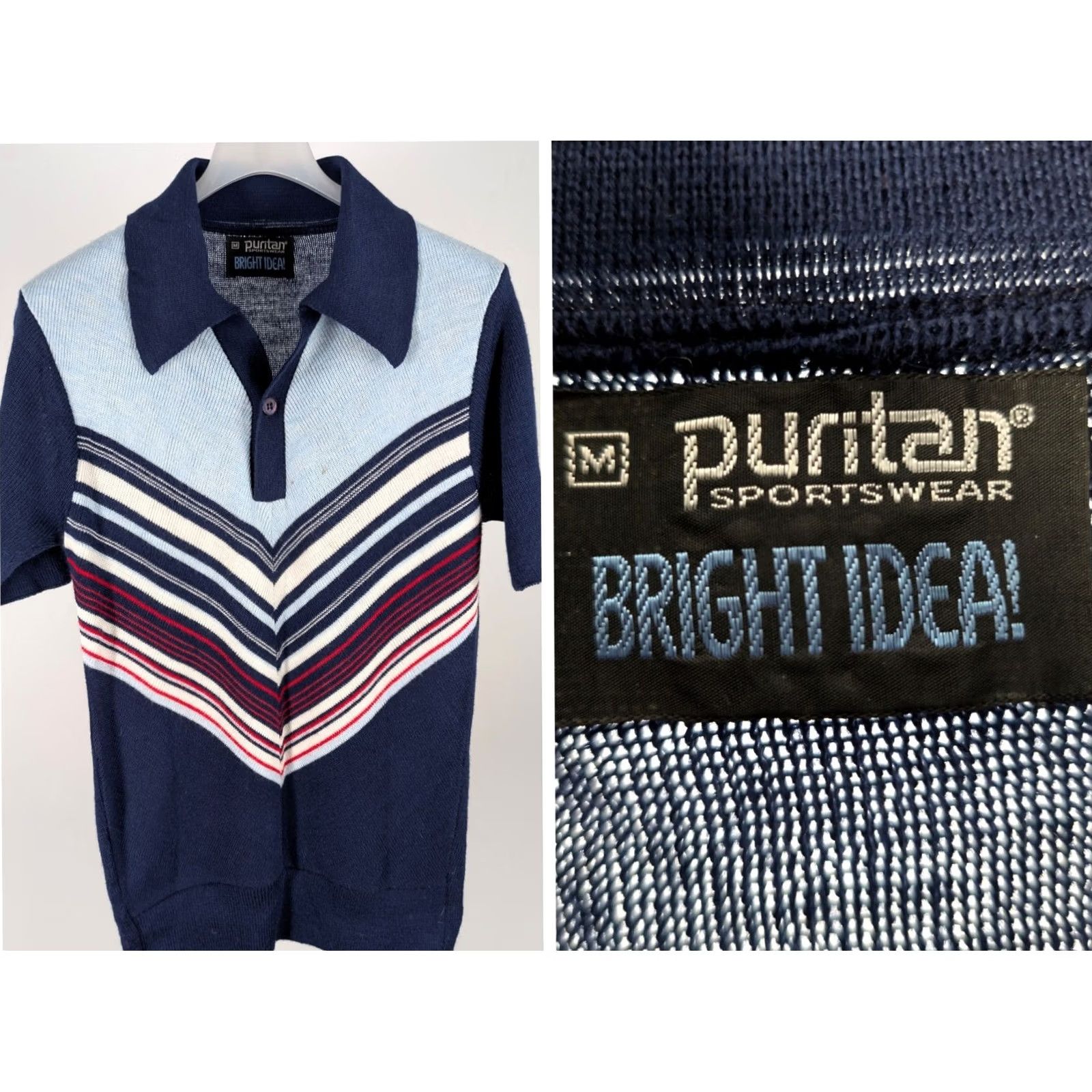 IDEA VINTAGE Puritan Bright Idea Knit Polo Shirt M Navy Blue Chevron Mod Disco Shirt Mens M Size US M / EU 48-50 / 2 - 2 Thumbnail