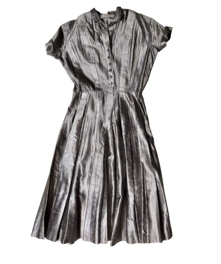Other VTG 1950 Silver Taffeta Dress Pleated Full Skirt Handmade XS Size XS / US 0-2 / IT 36-38 - 1 Thumbnail