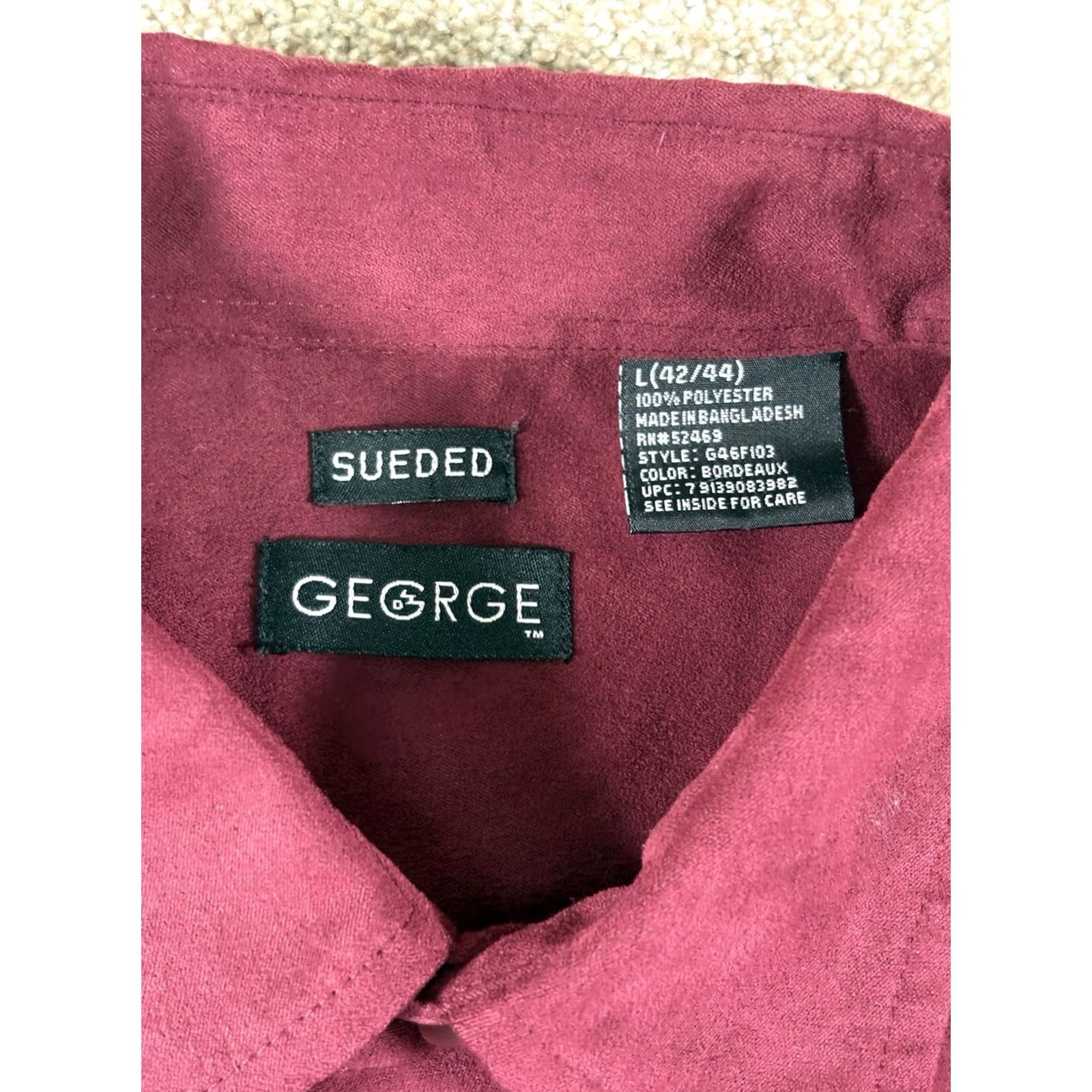 George George Sueded Button Up Long Sleeve Shirt Red Mens Size L Regular Collar Button-Front Polyester Microfiber Shirt Size US L / EU 52-54 / 3 - 4 Thumbnail