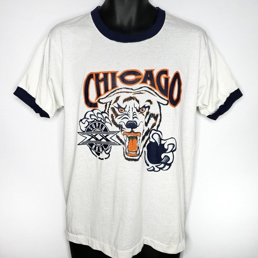 Vintage 80s Chicago Bears T-Shirt Mens XL 46-48 Blue Trench USA NFL Football