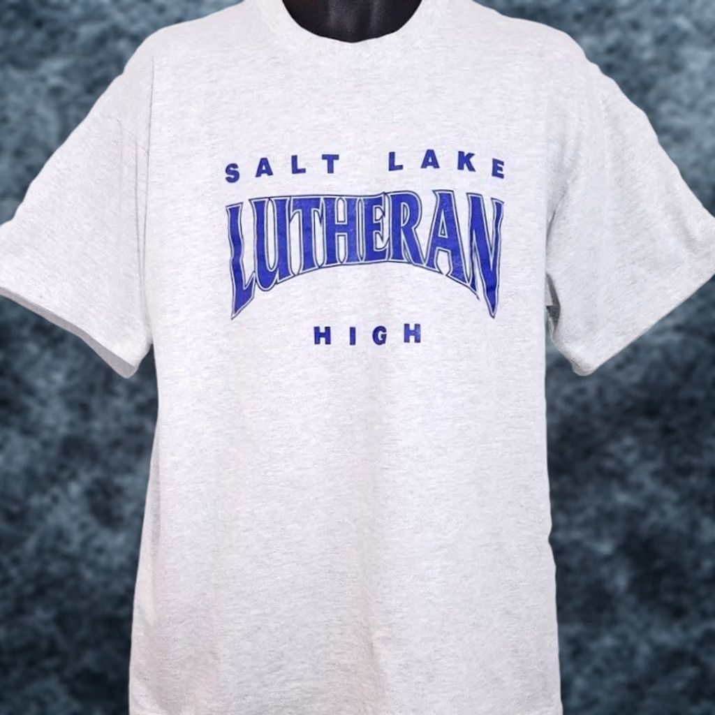 Fruit Of The Loom VINTAGE Salt Lake Lutheran High School T Shirt Mens XL Gray 90s Utah Made In USA Fruit of the Loom Shirt Graphic Tee Size US XL / EU 56 / 4 - 1 Thumbnail