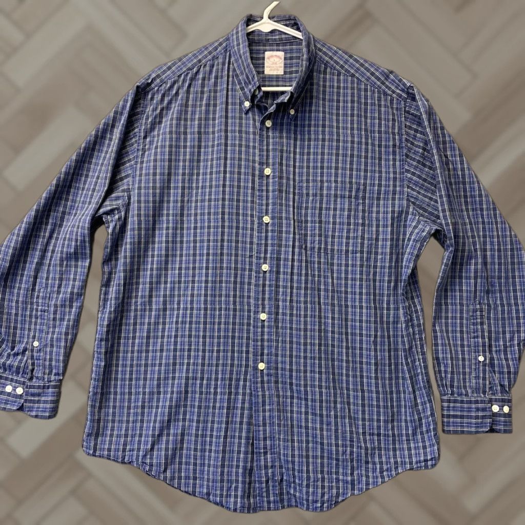 Brooks Brothers BROOKS BROTHERS Dress Shirt Plaid Cotton Blue Long Sleeve 104-7 Mens Large Overall Size L Regular Fit Shirt Mens Size 42R - 1 Thumbnail