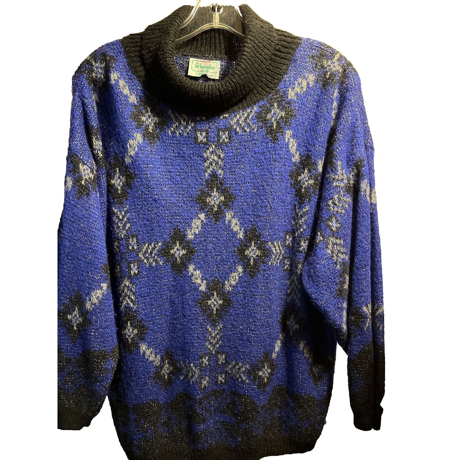 United Colors Of Benetton Benetton VTG L 46 Blue Argyle Acrylic Mohair Nylon Sweater Size L / US 10 / IT 46 - 1 Thumbnail