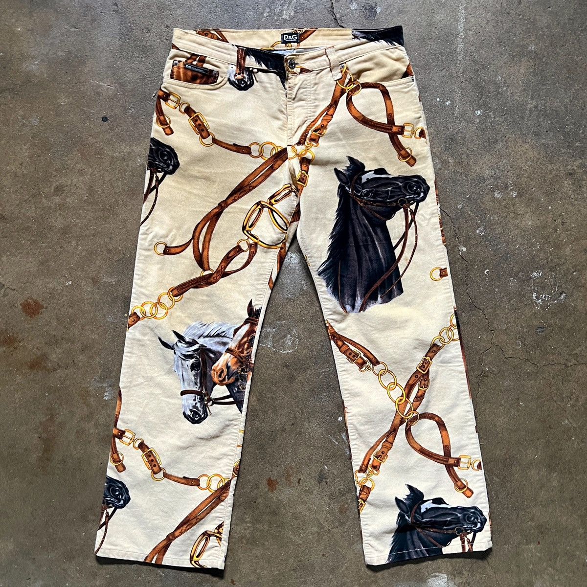image of Dolce Gabbana Archive Dolce Horse Print Flared Pants in Cream, Men's (Size 32)
