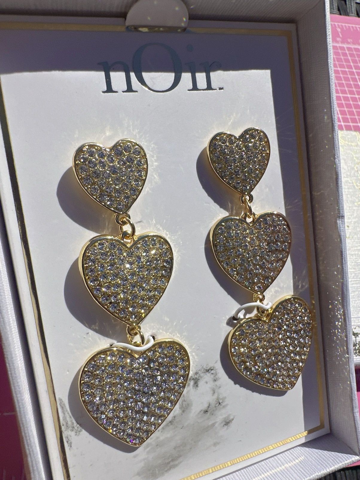 Designer Noir earrings gold tone diamond paved hearts drops tassels Size ONE SIZE - 3 Thumbnail