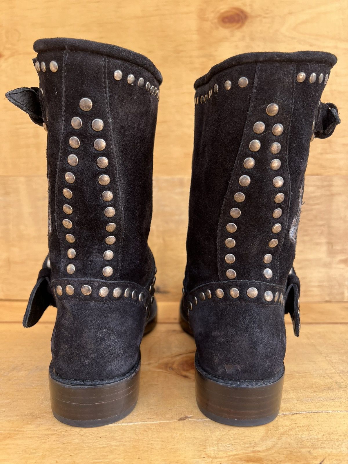 Frye Frye Women's NAT Flower Black Suede Engineer Boots Size US 7 / IT 37 - 8 Thumbnail