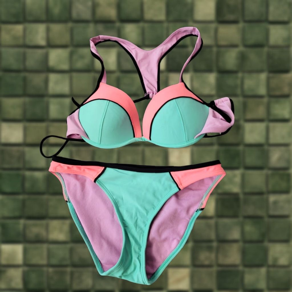 VINTAGE Xhilaration Bikini Top S/M Colorblock Racerback Mint