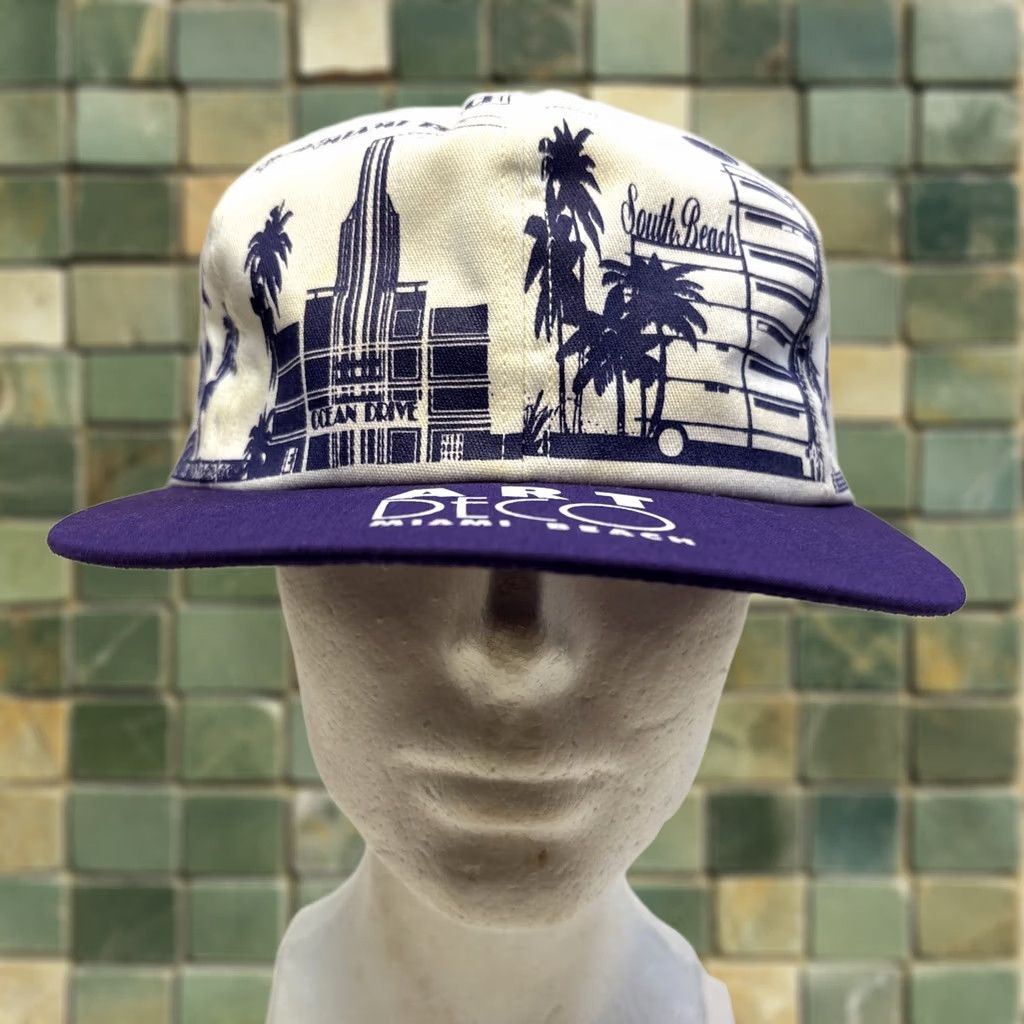 Vintage VINTAGE Unbranded Snapback Hat USA Art Deco Miami Beach Skyline Purple White White One Size Men Hats Mens Size ONE SIZE - 1 Thumbnail