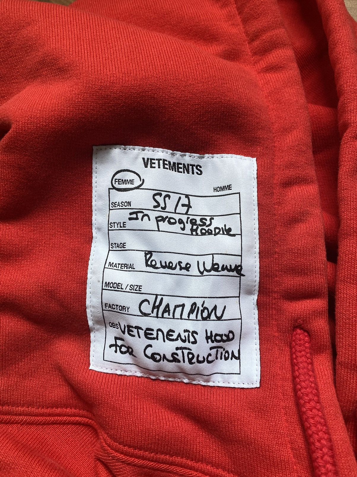 Champion Vetements Vetements x Champion SS17 In Progress Hoodie in Red Size L Grailed