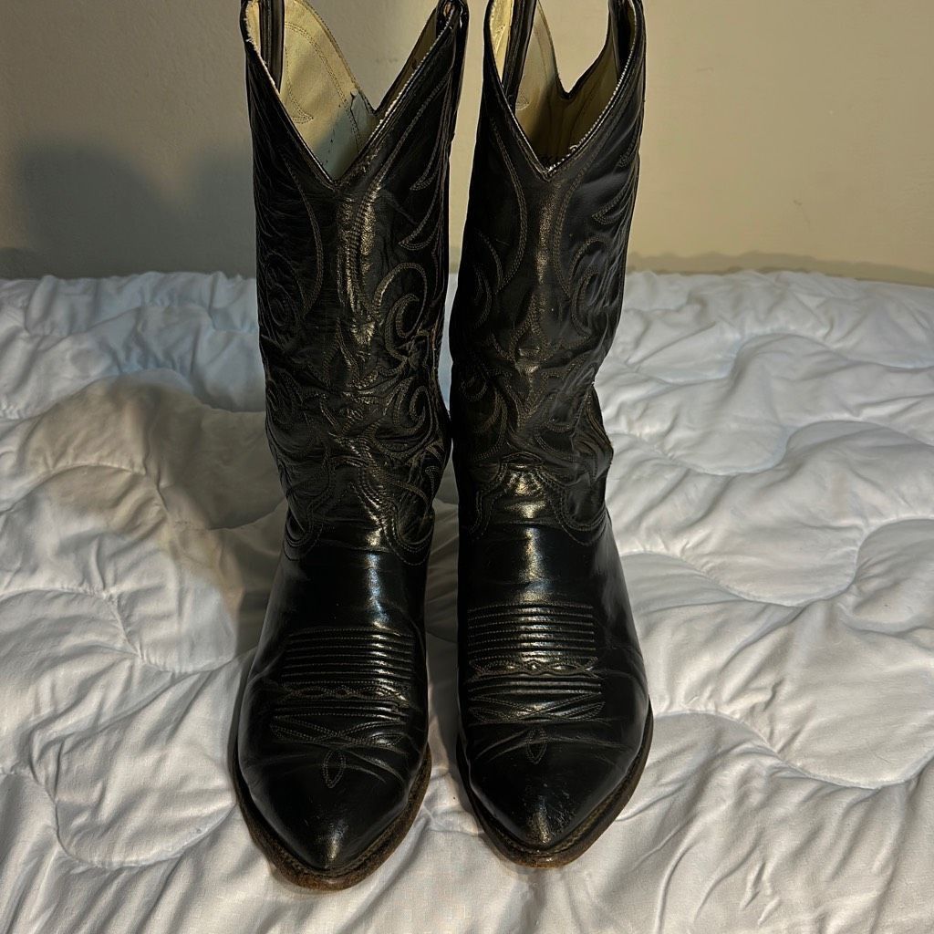 image of Cowboy Equipment Black Leather Cowboy Boots Size 8.5 Ee Men’S Made In Usa Tex, Men's